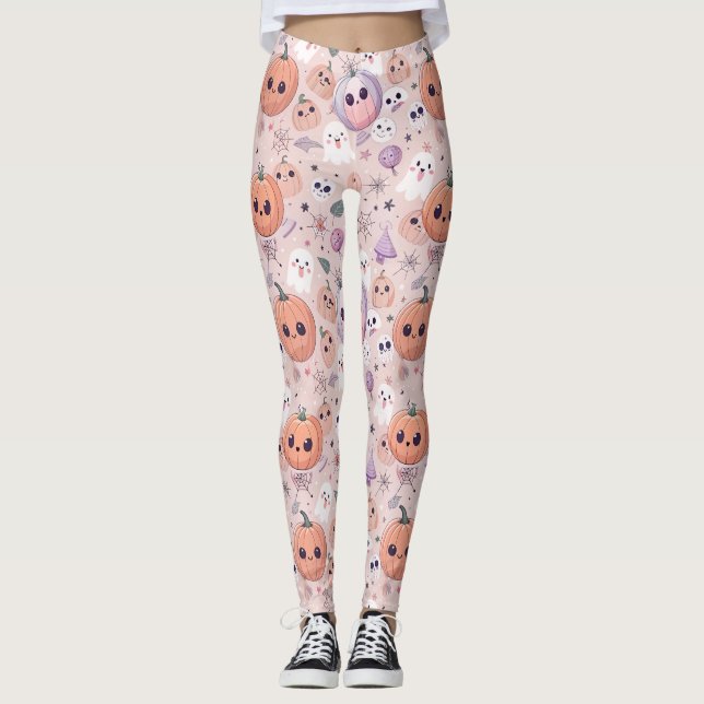 Leggings Citrouilles et fantômes d'Halloween sur rose sans  (Devant)