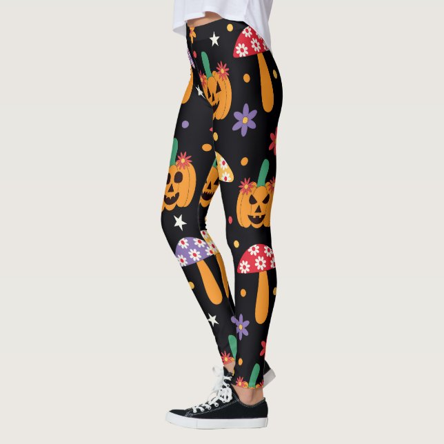 Leggings Citrouilles groovy Halloween fleurs et champignons (Gauche)