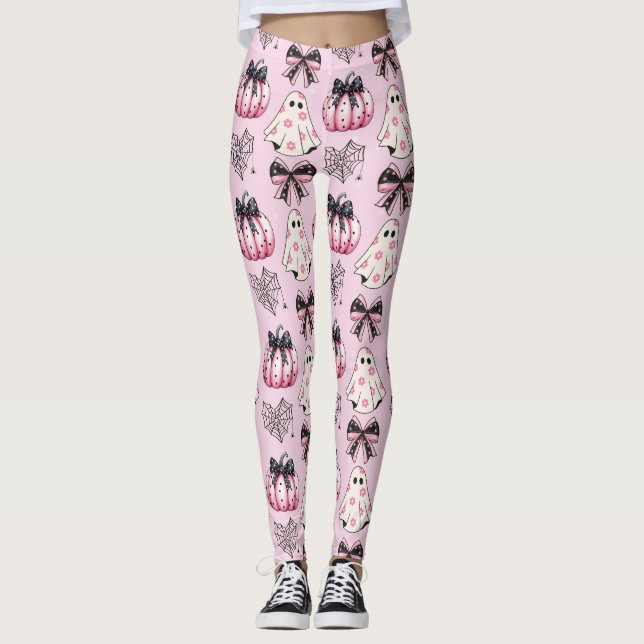 Leggings Citrouilles roses et noires, Ghosts Halloween Legg (Devant)