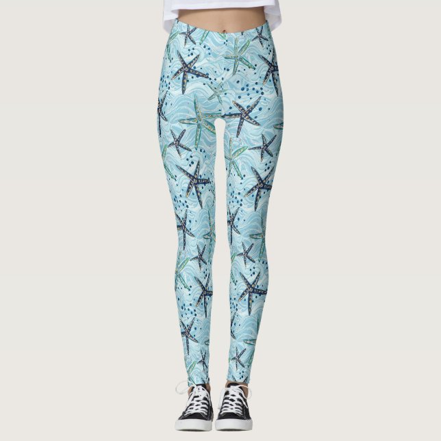 Leggings Clair bleu et or Starfish sur Ocean Wave Motif (Devant)
