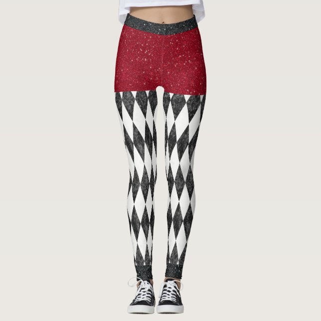 Leggings Classic noir blanc rouge arlequin Jacquard diamant (Devant)