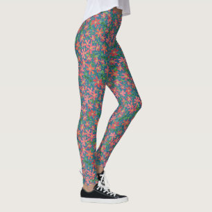 Leggings Clematis rose, rouge, orange floral sur bleu profo