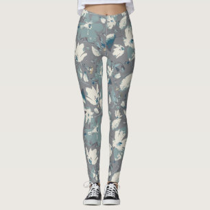 Leggings Clematis Vine Gris Bleu Crème Aquarelle Florale