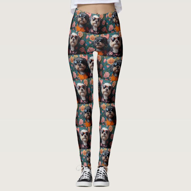 Leggings Cockapoo avec roses du cœur pour la Saint-Valentin (Devant)