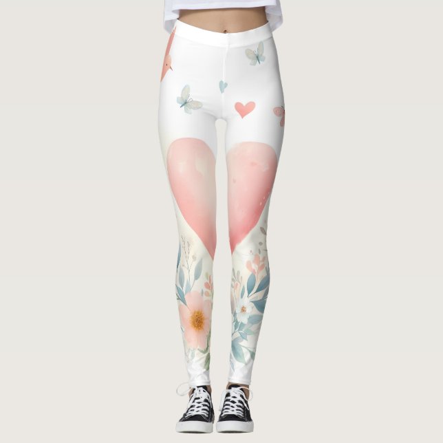 Leggings Cœur d'aquarelle douce Amour Fleurs Oiseaux (Devant)