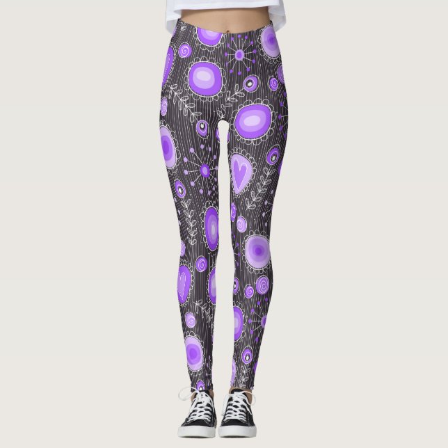 Leggings Coeur gris violet blanc et nom floral (Devant)