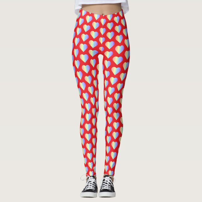 Leggings Cœurs Arc-en-ciel Pastel Doux en Rouge Feu (Devant)