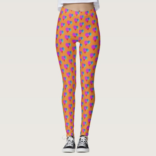 Leggings Coeurs arc-en-ciel sur orange (Devant)