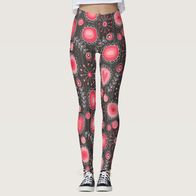 Leggings Coeurs blancs et gris et fleurs florales (Devant)