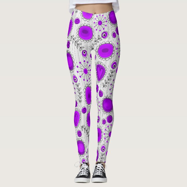 Leggings Coeurs blancs violet blanc Whimsical fleurs nom fl (Devant)
