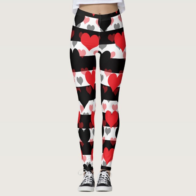 Leggings Coeurs d'Amour Noir Rouge Avec Blancs Noir (Devant)