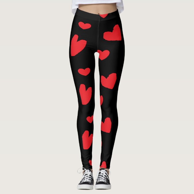 Leggings Coeurs d'amour rouges sur noir (Devant)