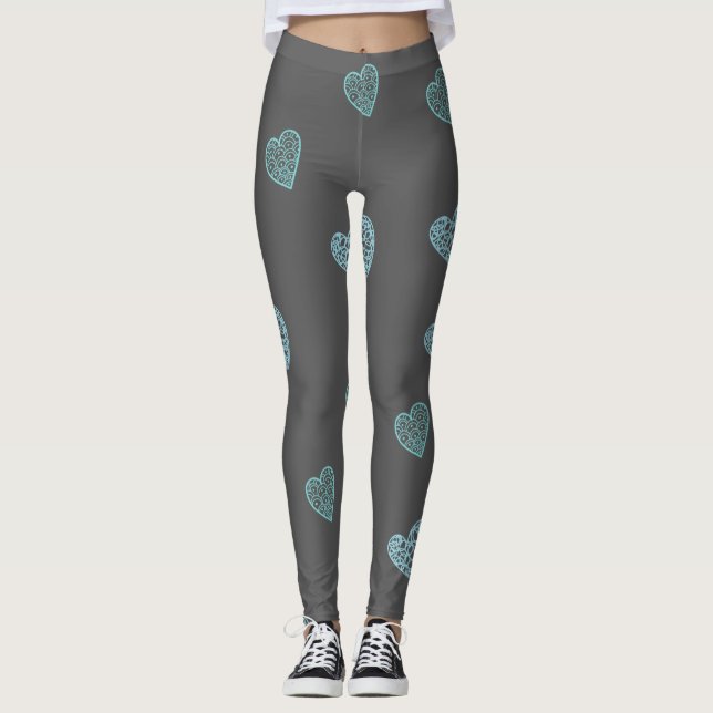 Leggings Coeurs de Doodle Bleu Jambes Gris (Devant)