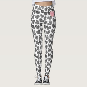 Leggings Coeurs de Doodle Noir et Blanc modernes Monogramme