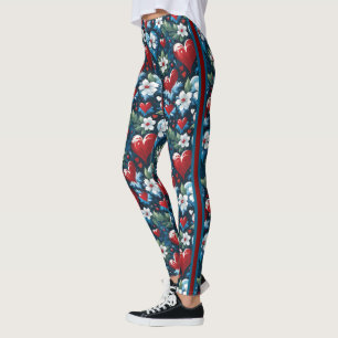 Leggings Coeurs de Noël floraux en bleu rouge et vert