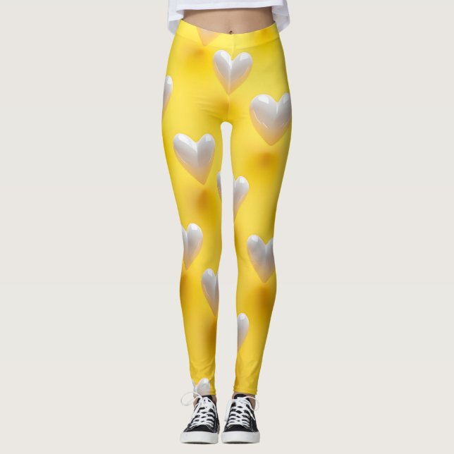 Leggings Cœurs de perle blanche sur jaune (Devant)