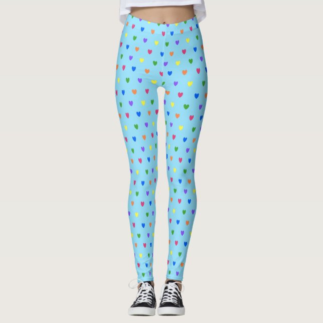 Leggings Coeurs de polka arc-en-ciel sur bleu bébé (Devant)