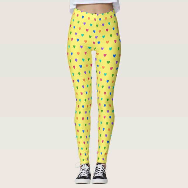 Leggings Coeurs de polka arc-en-ciel sur jaune (Devant)