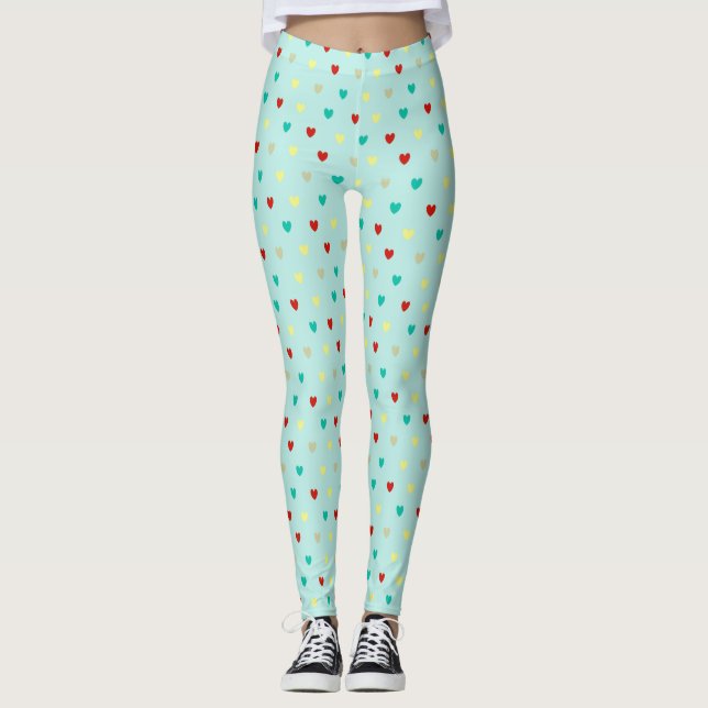 Leggings Coeurs de polka minuscules sur le vert de la mer (Devant)
