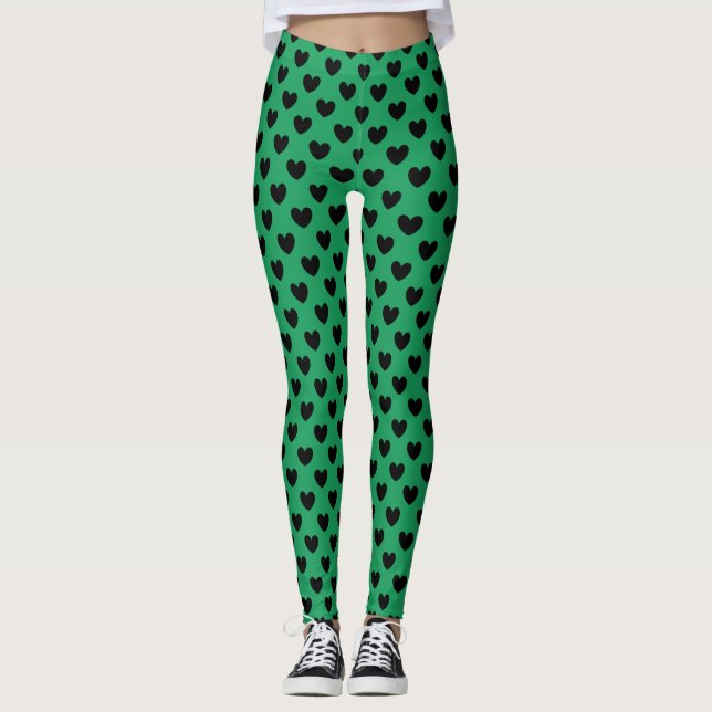 Leggings Coeurs de polka noir sur Kelly green (Devant)