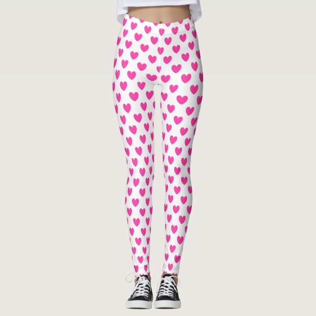 Leggings Coeurs de polka rose Fuchsia sur blanc (Devant)