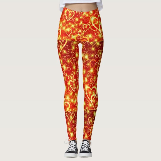 Leggings Coeurs dorés jaunes sur l'Arrière - plan rouge (Devant)