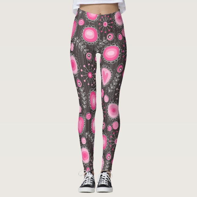 Leggings Coeurs et fleurs Whimsical rose et gris (Devant)