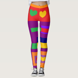 Leggings Coeurs et rayures géantes en rouge jaune violet bl