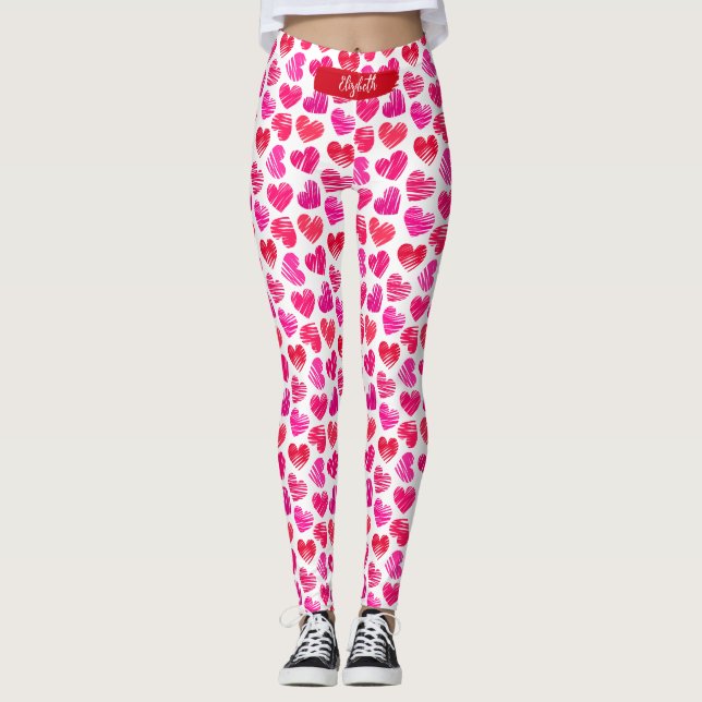 Leggings Coeurs griffés rouges et roses modernes Valentine  (Devant)