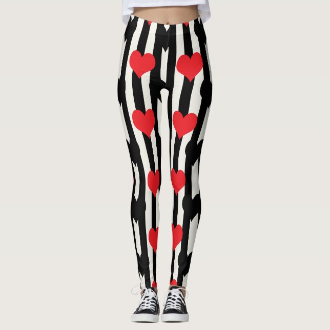 Leggings Coeurs Noirs Rouges Sur Bandes Blanches Noires (Devant)