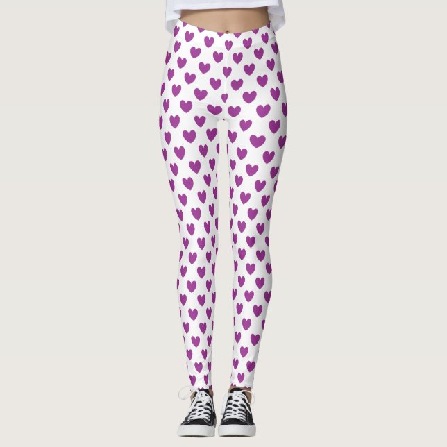Leggings Coeurs polka violet sur blanc (Devant)