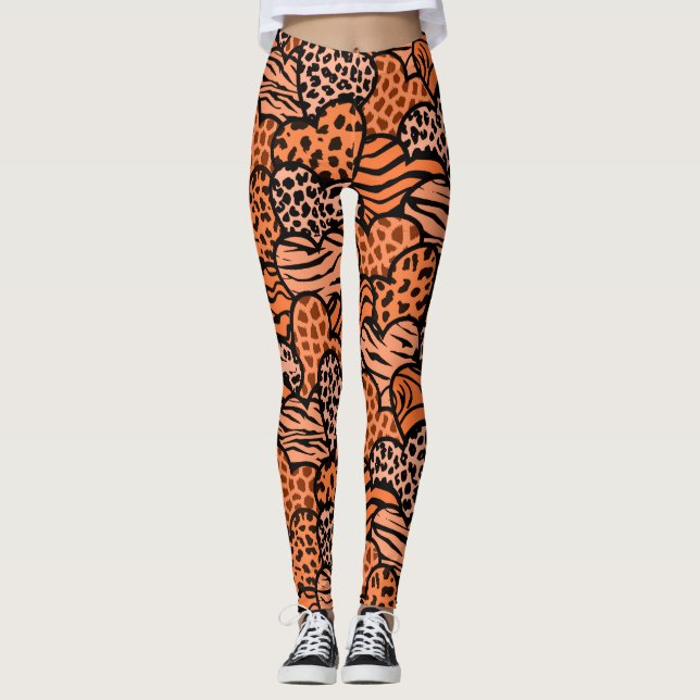 Leggings Coeurs posters de animaux oranges et noirs (Devant)