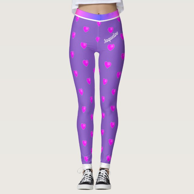 Leggings Coeurs roses avec votre nom sur violet ou votre co (Devant)