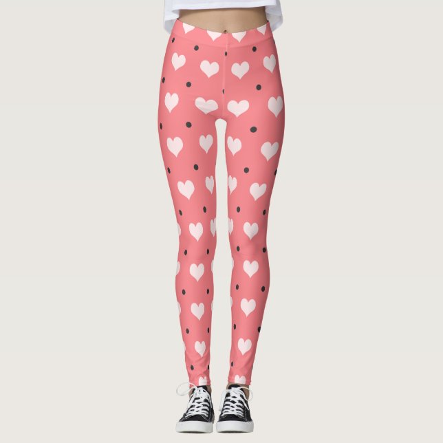 Leggings coeurs rouge-rose en pastel, motif de pois noir (Devant)
