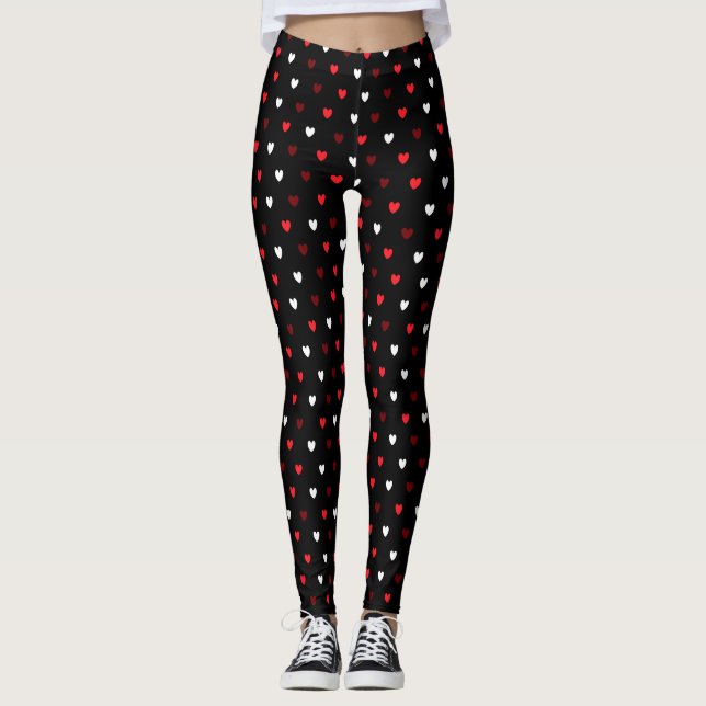 Leggings Cœurs rouges et blancs sur fond noir (Devant)