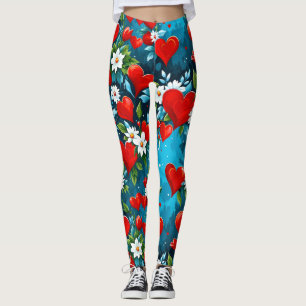 Leggings Coeurs rouges et fleurs blanches bleu turquoise