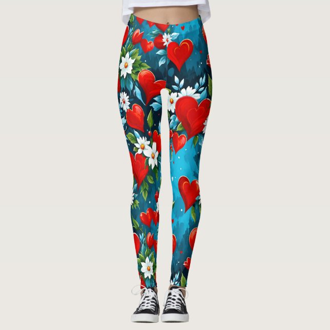 Leggings Coeurs rouges et fleurs blanches bleu turquoise (Devant)
