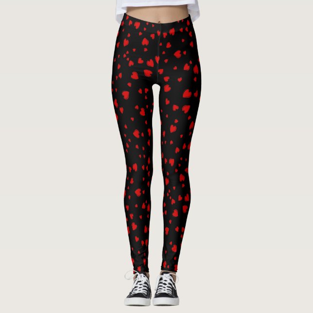 Leggings Coeurs rouges Motif flottant sur noir (Devant)