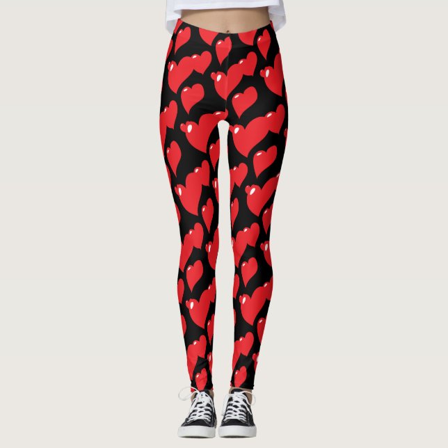 Leggings "Coeurs rouges sur Arrière - plan noir" (Devant)