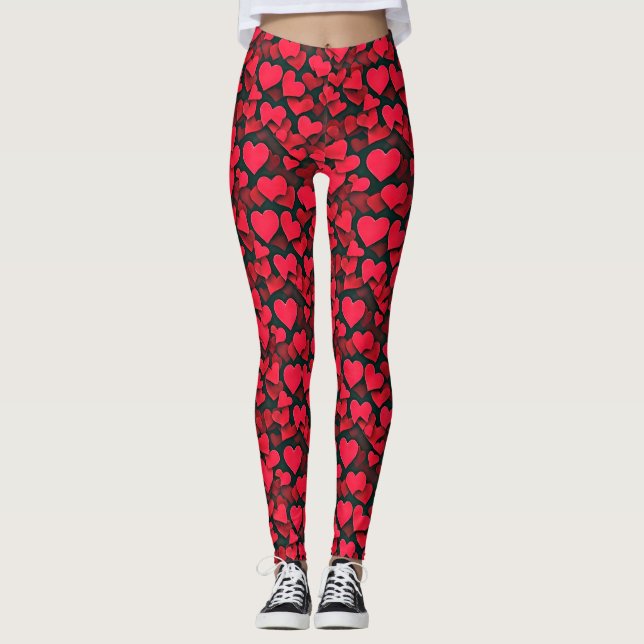 Leggings Coeurs rouges sur la valentine noire (Devant)