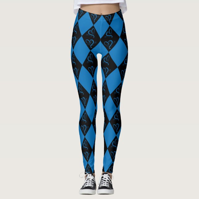 Leggings Coeurs tourbillonnant Design arlequin bleu et noir (Devant)