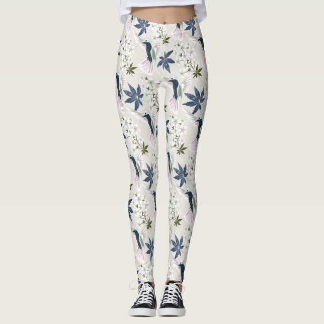 Leggings Colibris et fleurs blanches. (Devant)