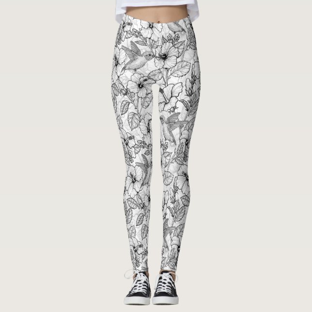 Leggings Colibris et fleurs d'hibiscus b&w (Devant)