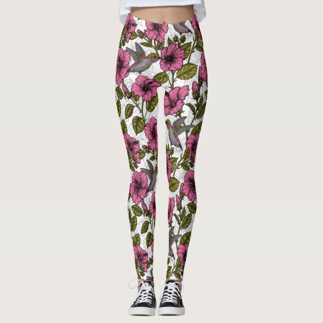 Leggings Colibris et fleurs d'hibiscus roses (Devant)