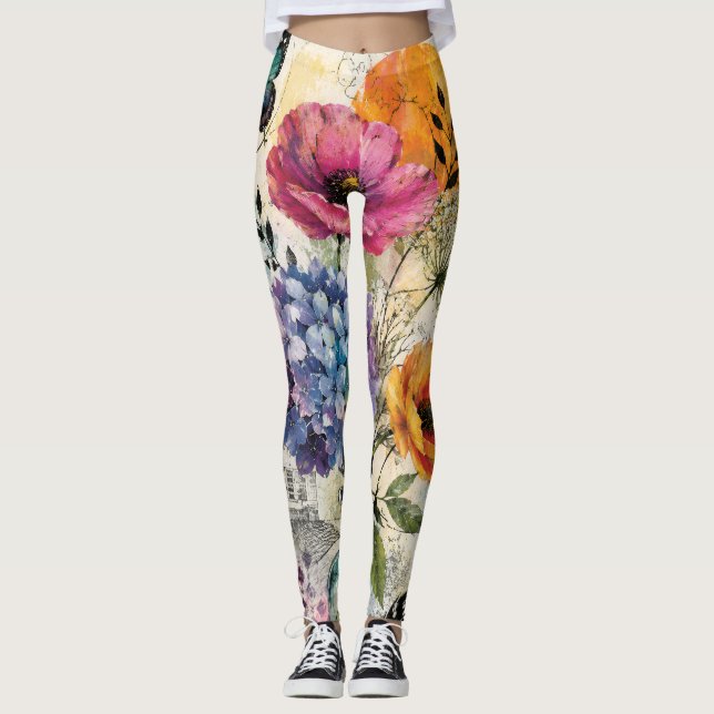 Leggings Collage d'art mixte botanique vibrant (Devant)