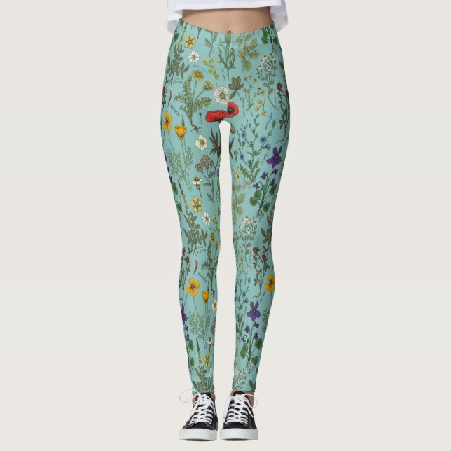 Leggings Collage de fleurs sauvages sur fond bleu (Devant)