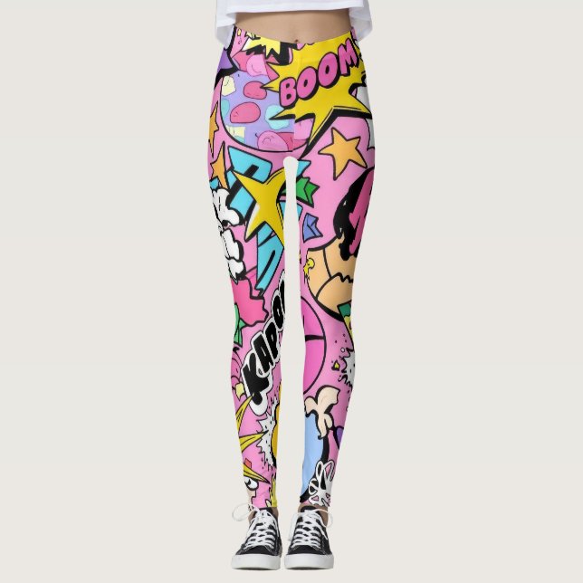 Leggings Collage Pop Art de Bande Dessinée Rétro (Devant)