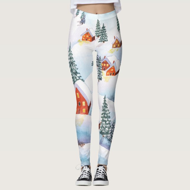 Leggings Collines, maisons : aquarelle paysage (Devant)