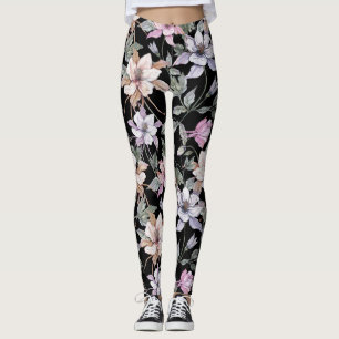 Leggings Colonne Exotique : Aquarelle Florale Noire.