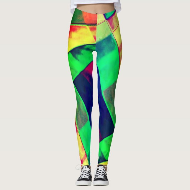 Leggings Coloré de carrés inclinés, rectangles, verdâtres. (Devant)